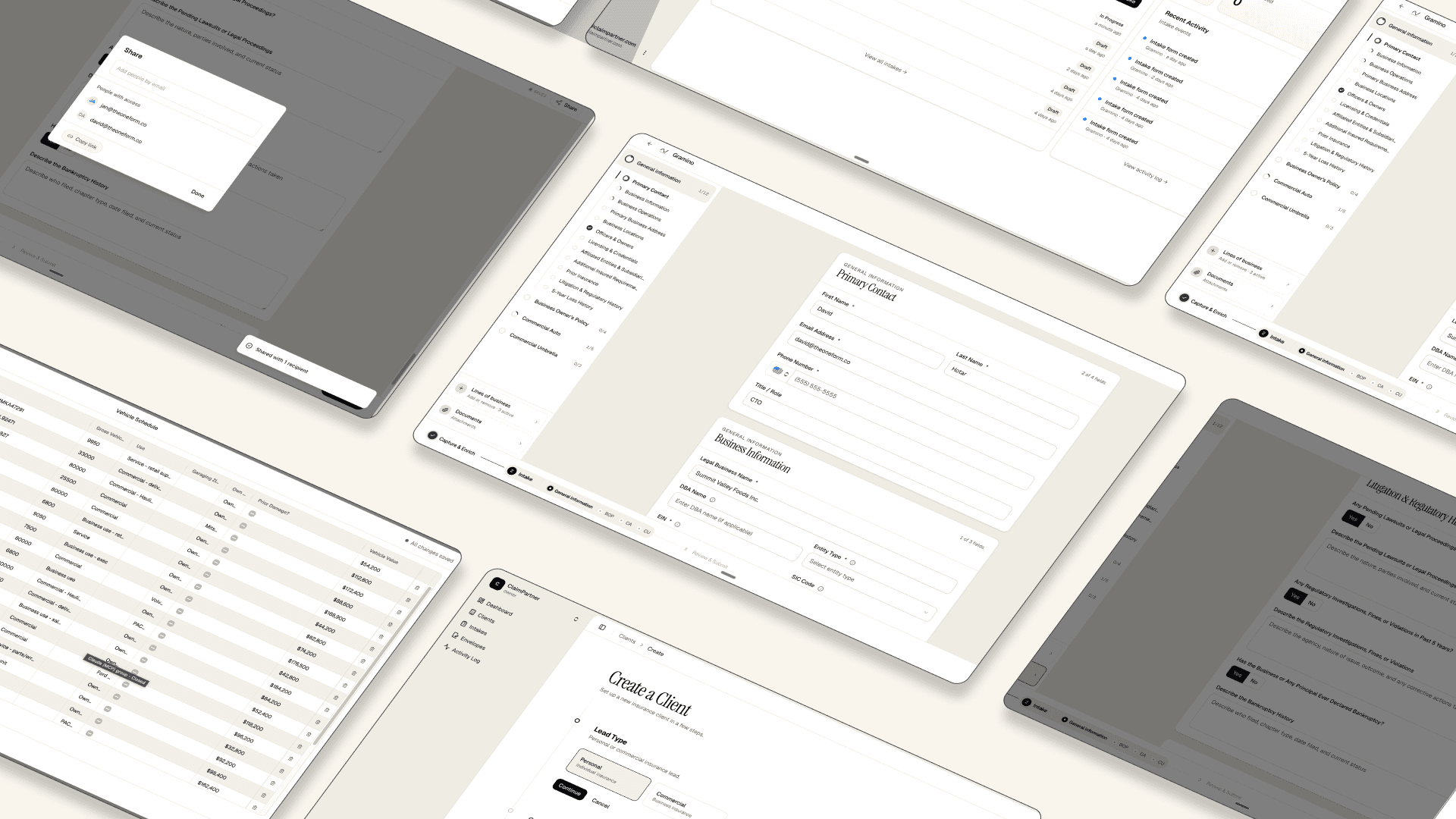 Product screenshots showing claims management dashboard, form builder, and client portal